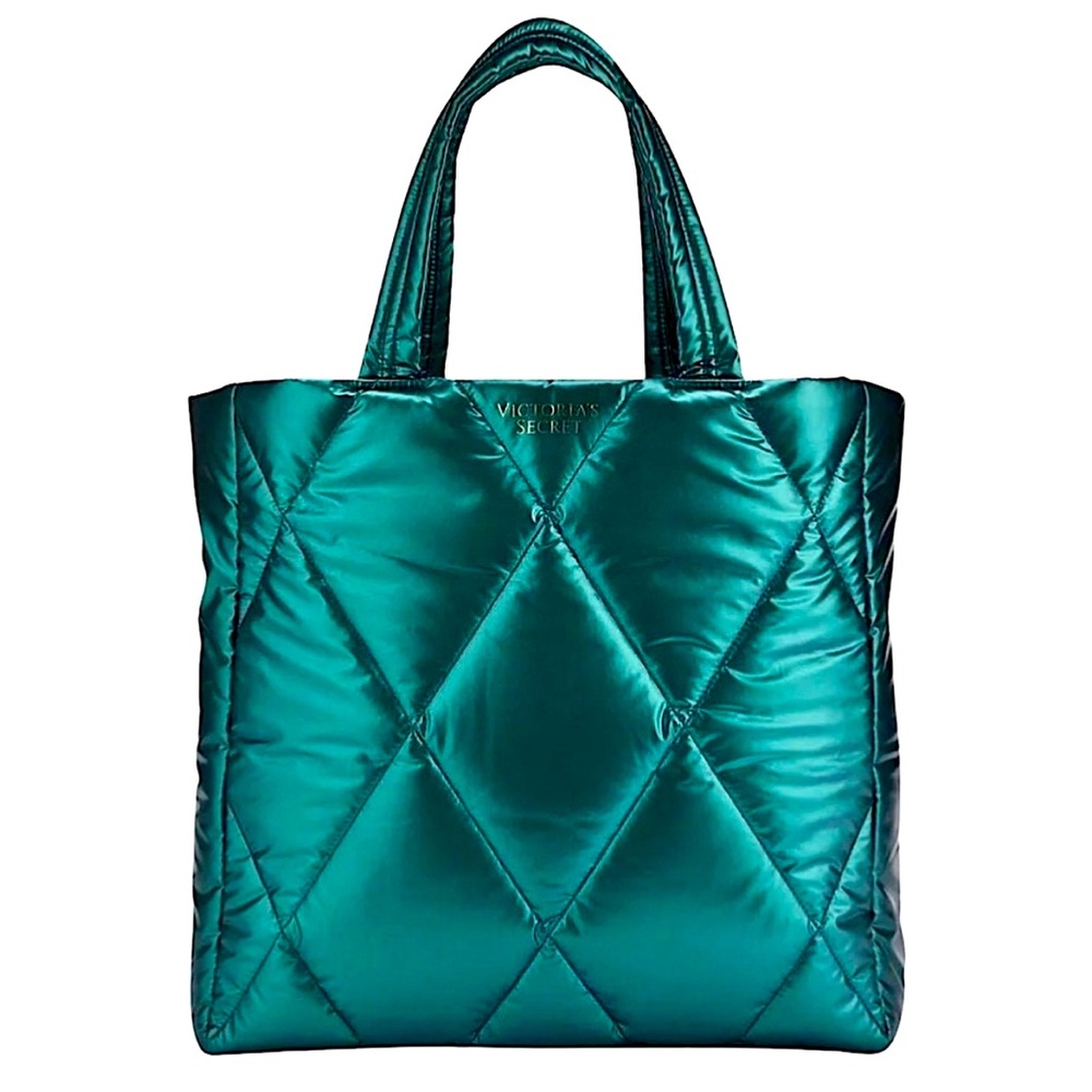 VICTORIA'S SECRET • Large Quilted Puffer Emerald Green Metallic Puffer Tote Bag